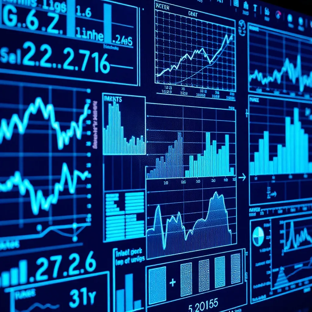 A high-tech digital interface showing complex data charts an