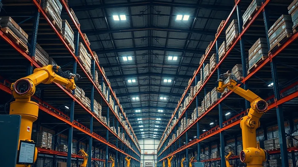 Industrial warehouse interior with automated robotic arms an